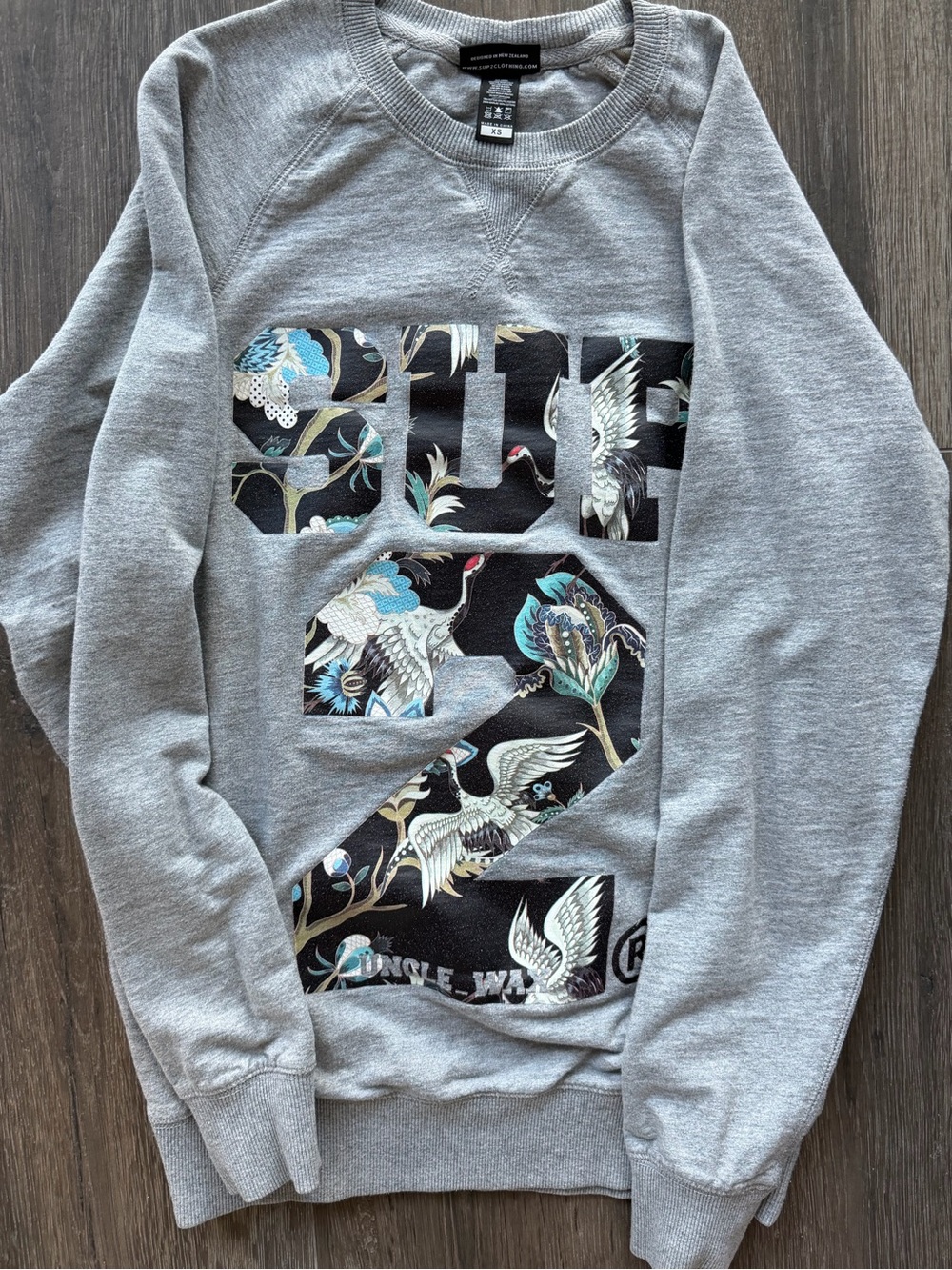 Sup2- NZ brand: Graphic Grey Sweatshirt with Crane Print
